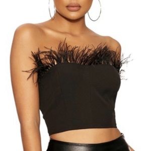 NWOT Naked Wardrobe Black Feather Trim Crop Top